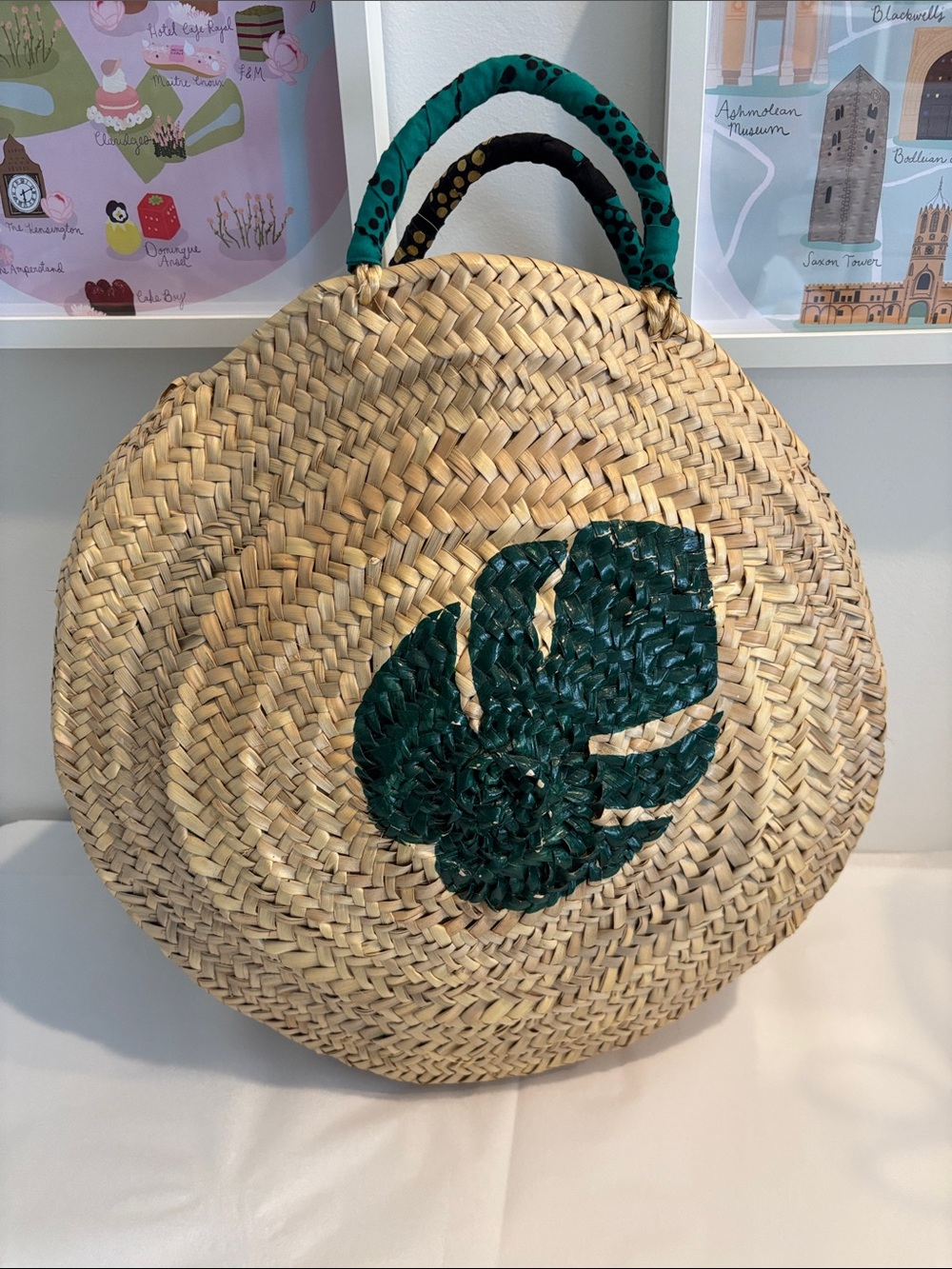 Anthropologie Maud Fourier Paris Woven Round Straw Tote Green Palm Leaf Accent
